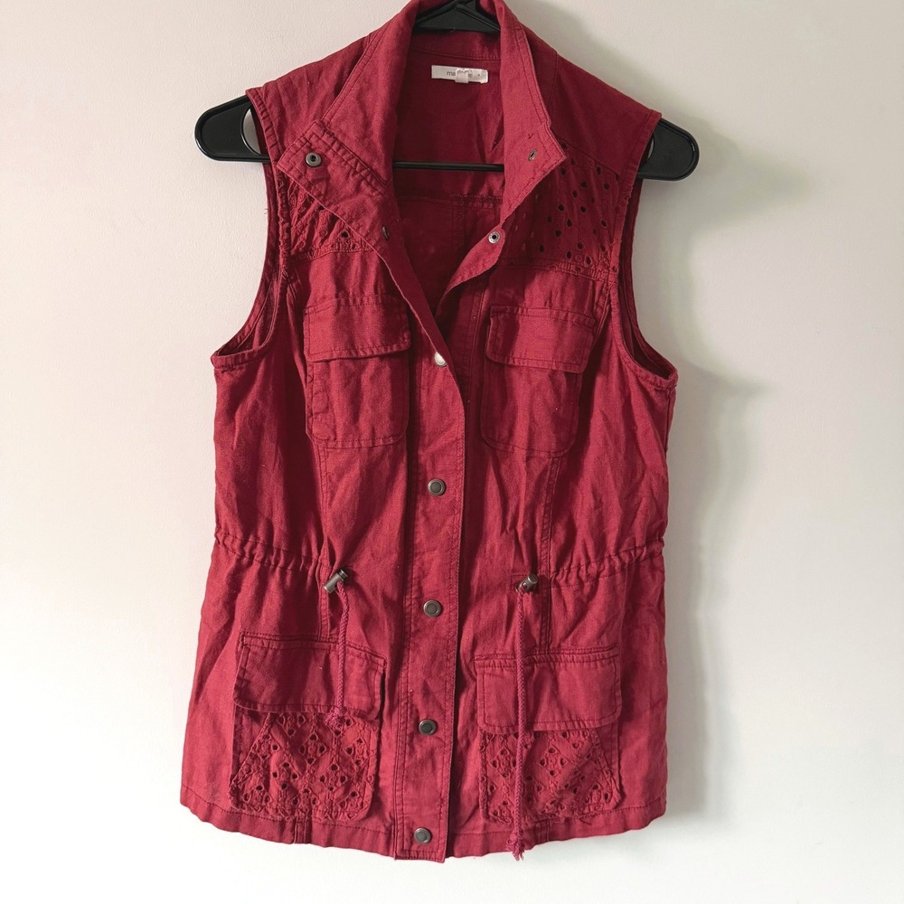 Red Linen Cotton Blend Eyelet Utility Vest Drawstring S Fall Casual Outdoors